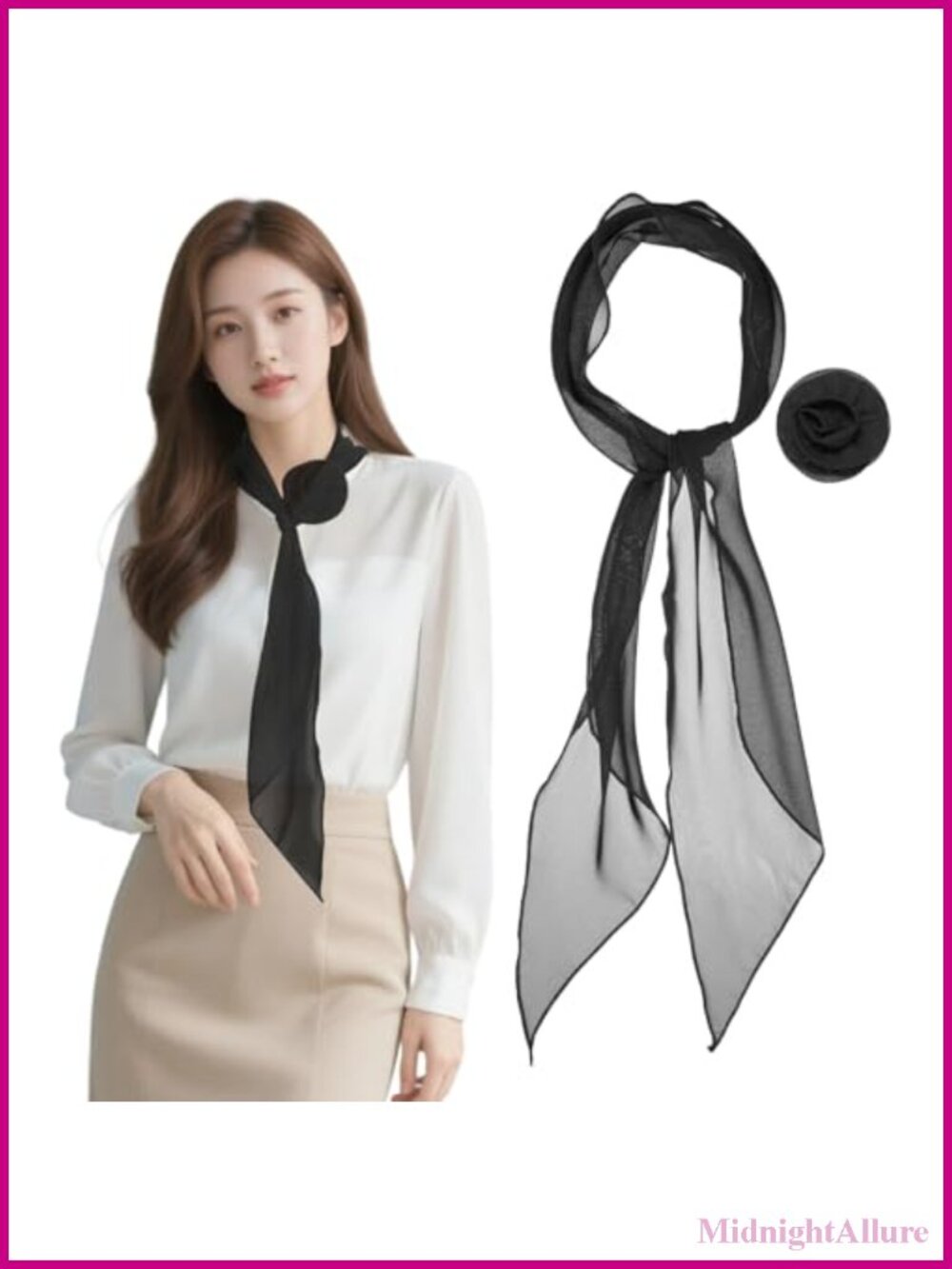 Chiffon Scarf Long Skinny Neckerchief with Detachable Rose Flower